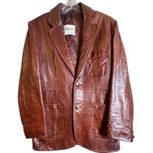 J Riggins Vintage Cognac Leather Blazer Mens 44 Hong Kong Made 80s Classic